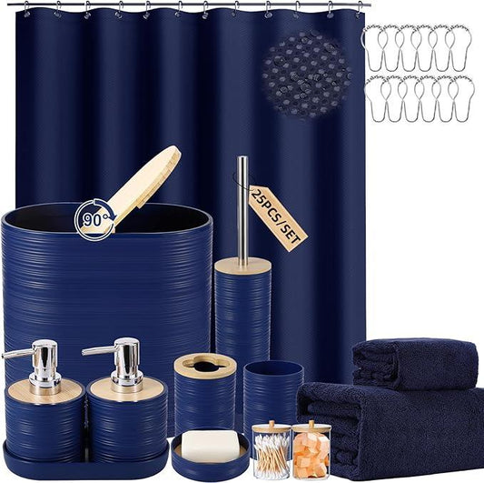 XLHOMO Navy Blue Bathroom Set, Bathroom Accessories Set with Shower Curtain, Bath Towel Set, Blue Shower Curtain Set with Bathroom Trash Can, Soap Dispenser, Soap Dish for Home Decor - ModernBath