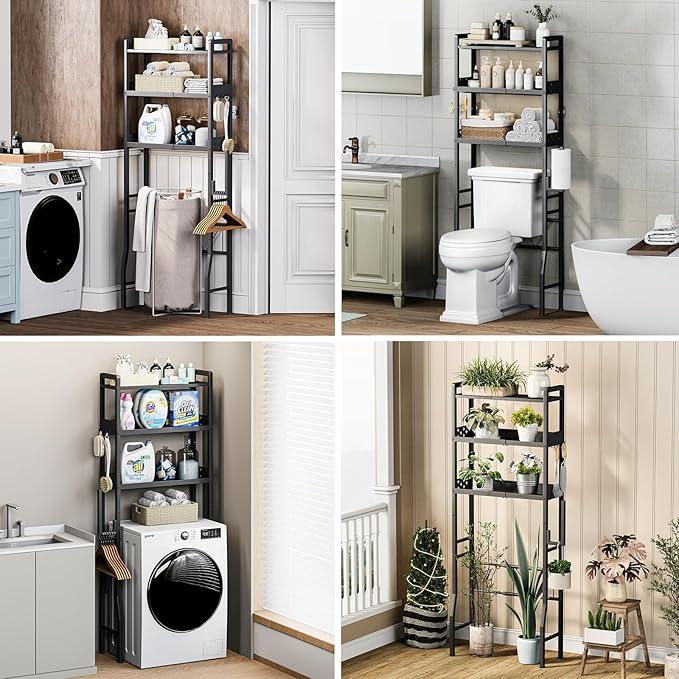 HEVONTIXAL Over The Toilet Storage Shelf, 3-Tier Metal Adjustable Bathroom Over Toilet Organizer with Toilet Paper Holder & Hooks,Space-Saving Toilet Storage Cabinet Option for Small Bathrooms, Black - ModernBath