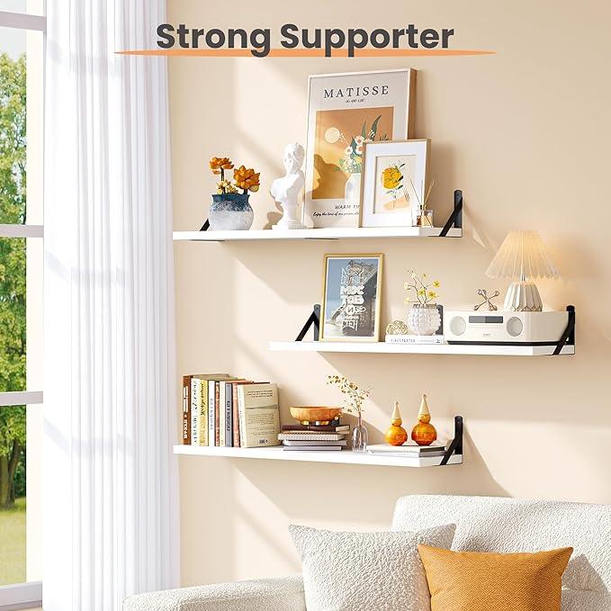 upsimples Floating Book Shelves for Wall, 35.4 Inches Long Floating Wood Shelves for Living Room, Library, Bedroom, Office Organizer and Storage, White - ModernBath