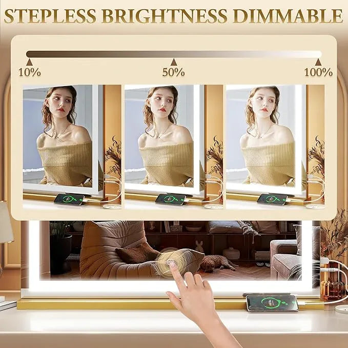 ROLOVE Vanity Mirror with Lights, 32" x 22" Large Lighted Vanity Mirror with Dimmable 3 Modes, LED Makeup Mirror, 10X Magnification, USB Charging Port, Tabletop or Wall-Mounted Square Gold - ModernBath