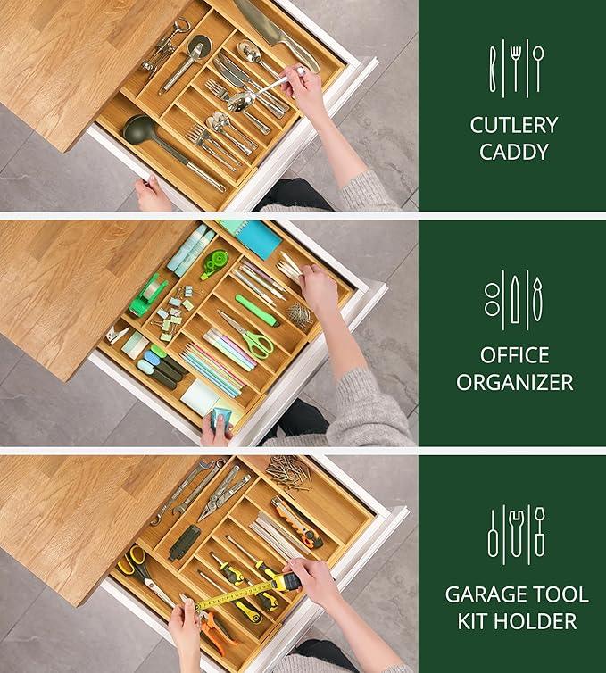 ROYAL CRAFT WOOD Luxury Bamboo Kitchen Drawer Organizer - Silverware Organizer, Utensil Holder & Cutlery Tray Drawer Dividers for Flatware (9 Slot, Natural) - ModernBath