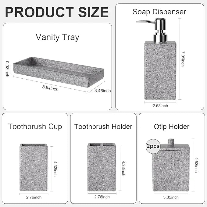 Gray Bathroom Accessories Set Resin 6PCS, Square Toothbrush Holders Set Complete with Soap Dispenser, Vanity Tray, Tumbler, Cups and Cotton Swab Jars for Counter, Sink or Small Spaces - ModernBath