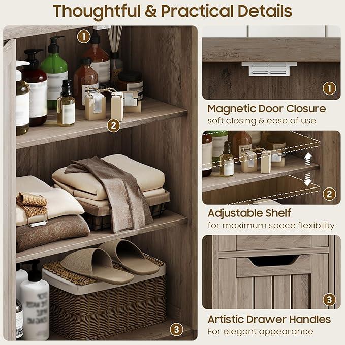 Vabches Farmhouse Bathroom Cabinet, Freestanding Storage Cabinet with 4 Drawers and 2 Doors, Rustic Storage Organizer with Adjustable Shelf for Bathroom, Living Room, Entryway, Grey - ModernBath