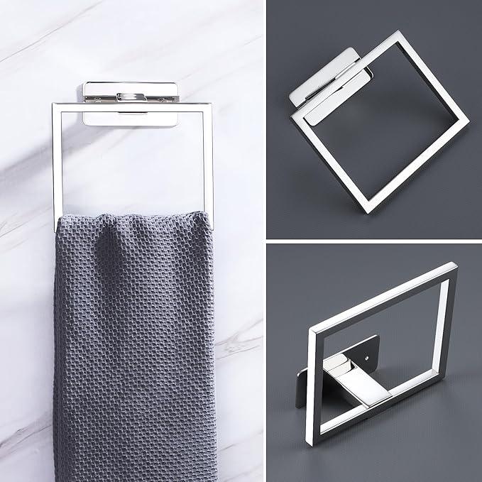 LANC Hand Towel Rings for Bathroom Wall Mount Chrome Polished Square Self Adhesive Hand Towel Holder for Lavatory Bathroom Hardware Accessories Stainless Steel Modern Shower Towel Racks, A8396CP - ModernBath