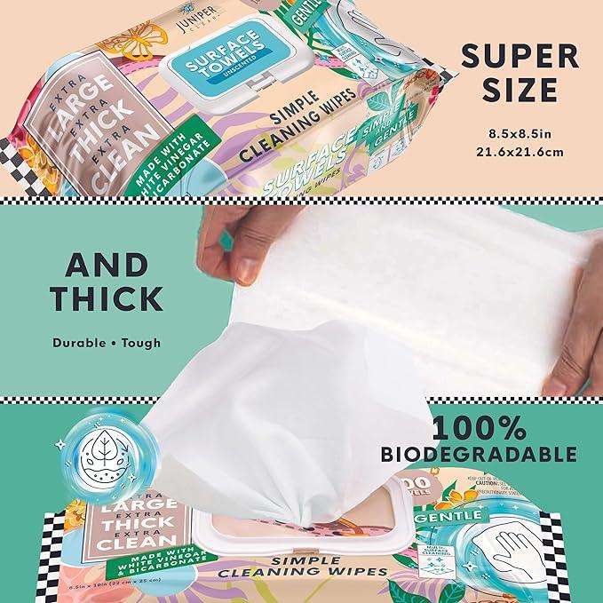 Juniper CLEAN 3 Packs Surface Cleaning Wipes Bleach Free, Thick & Large Dispose, All-Purpose Cleaner for Bathroom, Kitchen, Office, 100 Count Soft Flow, Biodegradable, No Scent - ModernBath