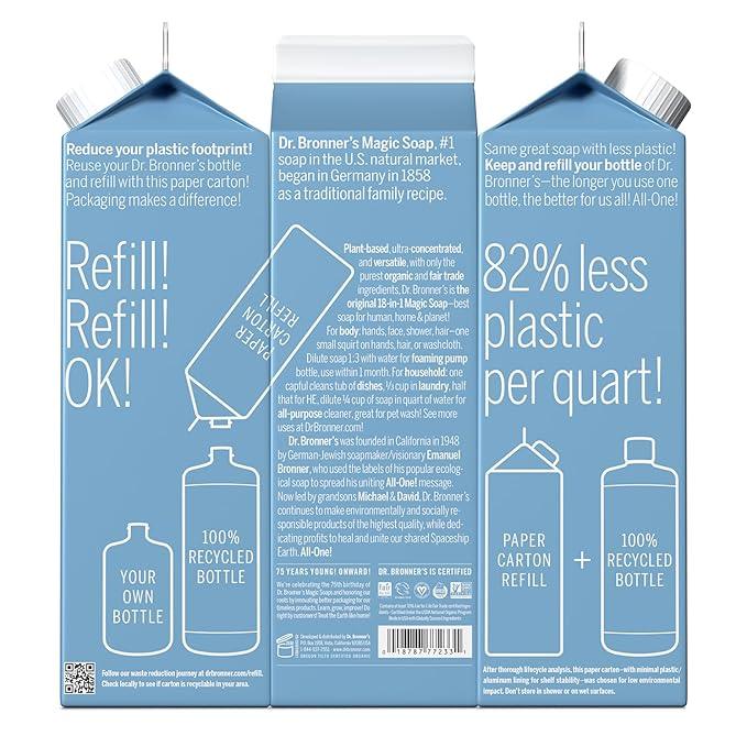 Dr. Bronner's Pure-Castile Liquid Soap Refill - Made with Regenerative Organic Certified Oils, 86% Less Plastic - 18-in-1 Uses, For Face, Body Wash, Hand Soap Refill & More - Baby Unscented, 32oz - ModernBath