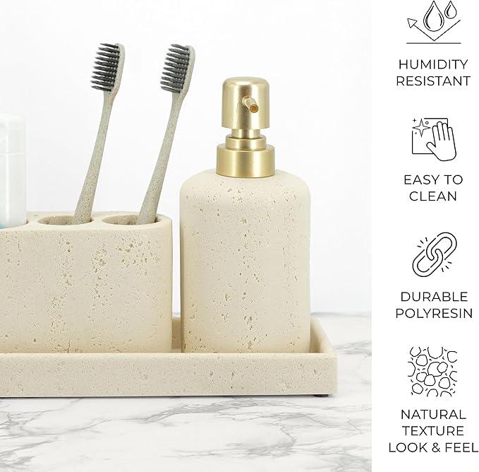ZCCZ -Beige Bathroom Accessories Set 4 Pcs - Toothbrush Holder, Soap Dispenser, Vanity Tray, Bathroom Tumbler - Countertop Vanity Organizer - Bathroom Accessory Set- Toothbrush Holder Set, Stone Sets - ModernBath