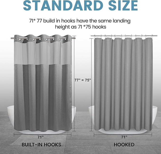 EUTXL Long No Hook Shower Curtain with Snap in Liner,230GSM Waffle Weave Shower Curtains for Bathroom,71W x 77H(75"),Grey - ModernBath