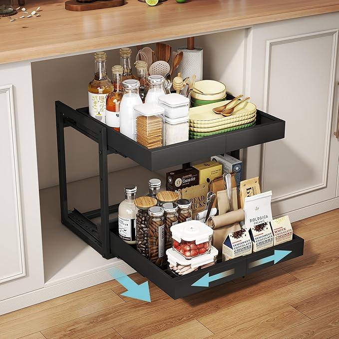 Golener 2-Tier Expandable Pull Out Cabinet Organizer - Pull-Out Drawers for Kitchen Cabinets, 2 Slide Home Storage Organizers, Slide Out Shelves for Base Cabinet Organization in Kitchen, Black Metal - ModernBath
