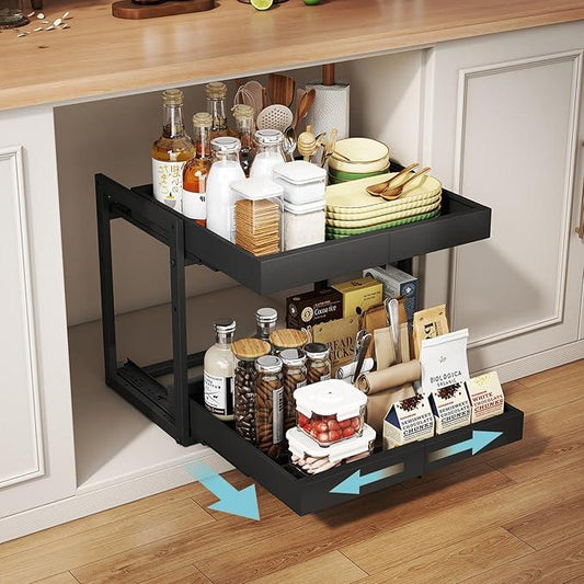 Golener 2-Tier Expandable Pull Out Cabinet Organizer - Pull-Out Drawers for Kitchen Cabinets, 2 Slide Home Storage Organizers, Slide Out Shelves for Base Cabinet Organization in Kitchen, Black Metal - ModernBath