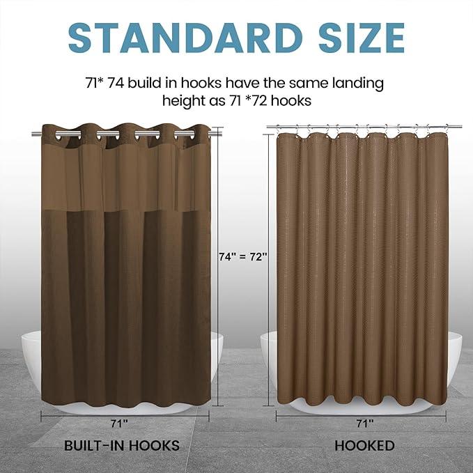 EUTXL Brown No Hook Shower Curtain with Snap in Liner,230GSM Waffle Weave Shower Curtains for Bathroom,71W x 74H - ModernBath
