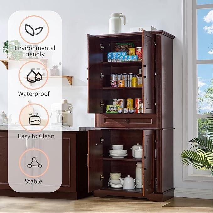 71" Tall Pantry Cabinet with Drawer and Adjustable Shelves, Modern Storage Cabinet with Doors, Kitchen Buffet Cabinet, Food Pantry Storage Cabinet, Coffee Bar, Living Room and Dining Room Cherry - ModernBath