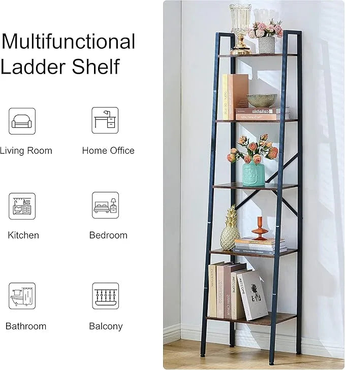 Hoctieon Industrial Ladder Bookshelf, Multifunctional Ladder Shelf, 5-Tier Tall Bookshelf, Open Ladder Shelf Bookcase, for Living Room, Home Office, Kitchen, Bedroom, Metal Frame, Rustic Brown - ModernBath
