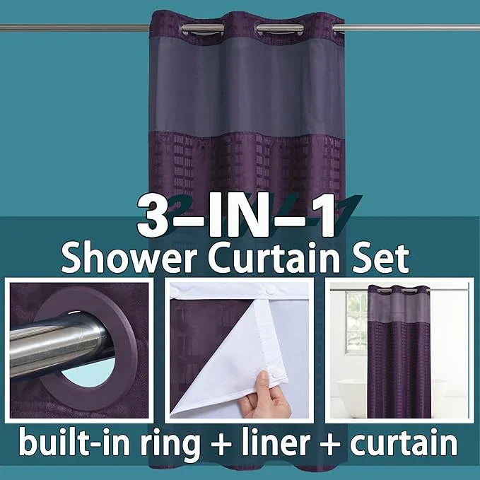 Conbo Mio Stall No Hook Shower Curtain with Snap in Liner Set, Hotel Luxury Purple Shower Curtains for Bathroom with See Through Top Window, Waterproof, Washable 36W x 74H - ModernBath