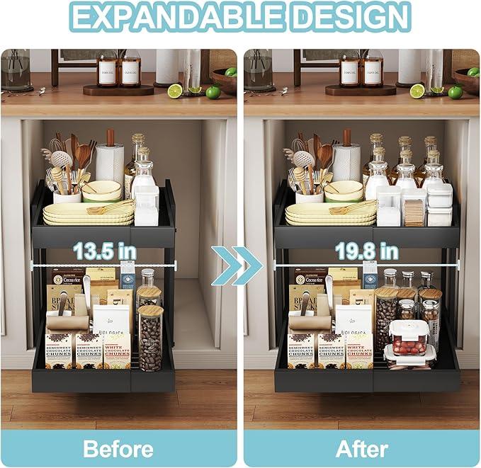 Golener 2-Tier Expandable Pull Out Cabinet Organizer - Pull-Out Drawers for Kitchen Cabinets, 2 Slide Home Storage Organizers, Slide Out Shelves for Base Cabinet Organization in Kitchen, Black Metal - ModernBath