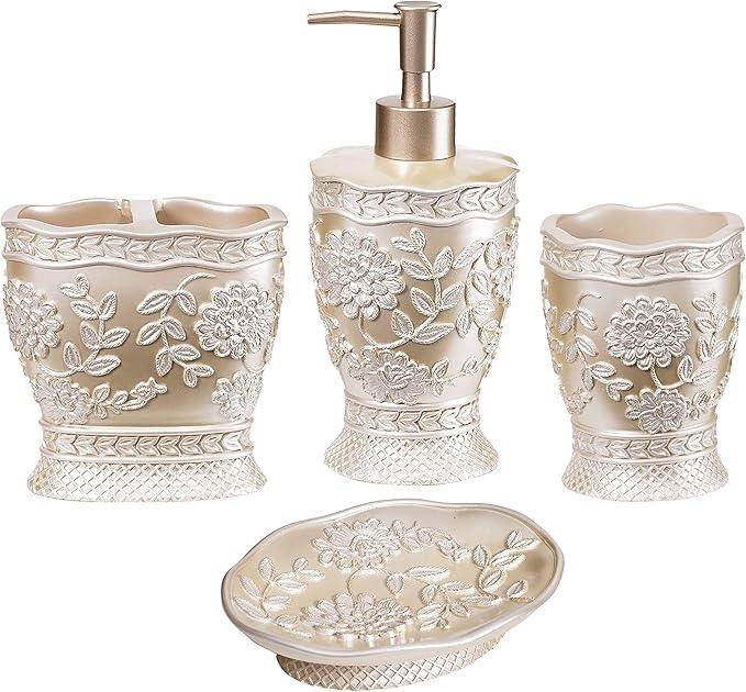 Zahari Home 4pc Rose Vine Bathroom Accessories Sets Lotion Pump, Tumbler, Tooth Brush Holder and Soap Dish Unique Design Beige Bathroom Set - ModernBath