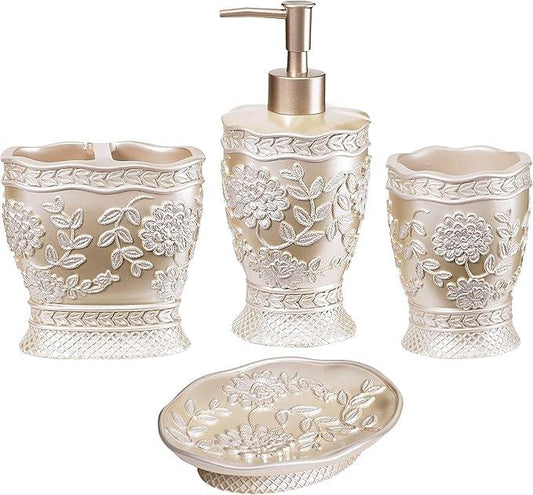 Zahari Home 4pc Rose Vine Bathroom Accessories Sets Lotion Pump, Tumbler, Tooth Brush Holder and Soap Dish Unique Design Beige Bathroom Set - ModernBath