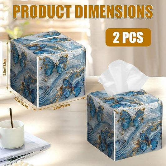 Blue Butterfly Tissue Box Cover 2PCS, Marble Leather Tissue Box Holder Square Facial Paper Case Tissue Box Cube Organizer for Bathroom Bedroom Desk Office - ModernBath
