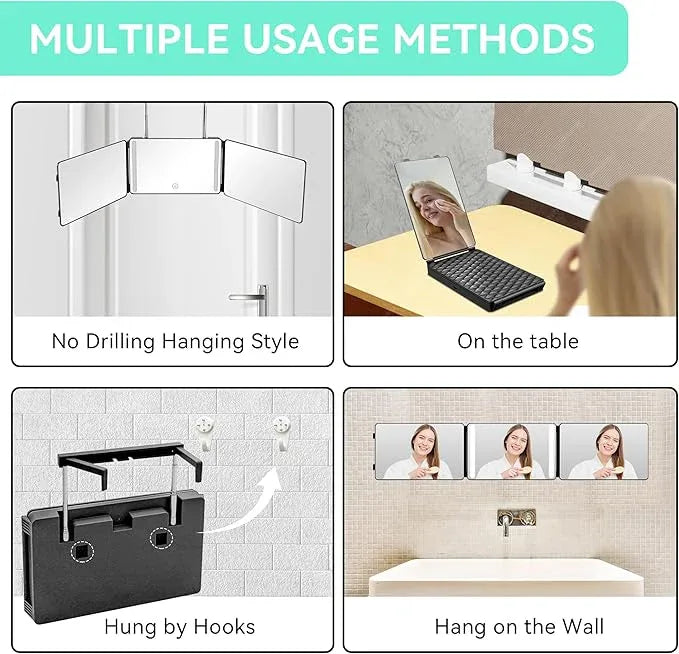 Moruedtu 3 Way Mirror with LED Lights & 360° View,See Back of Head Trifold Barber Mirror for Self Haircut, Shaving & Braiding, Portable Travel Design with Hook for Home,Men & Women (Black) - ModernBath
