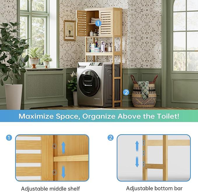SMIBUY Bathroom Over The Toilet Storage Cabinet, 2 Door Bamboo Cabinet Organizer, Freestanding Space Saver Toilet Rack with Adjustable Inside Shelf and Open Shelf (Natural) - ModernBath