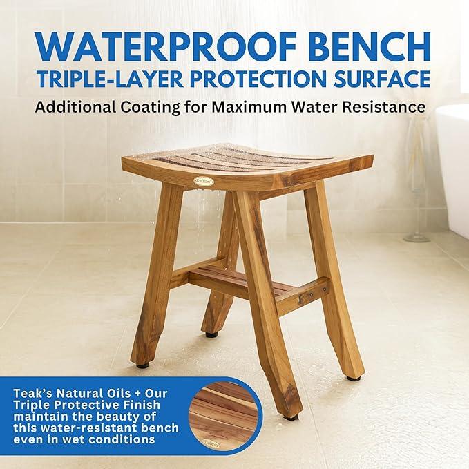 EcoDecors 18 Inch Satori Natural Teak Waterproof Teak Wood Shower Bench Stool Seat Chair For Inside Shower Provides Safety, Storage, and Organization For Bathroom Accessories - ModernBath