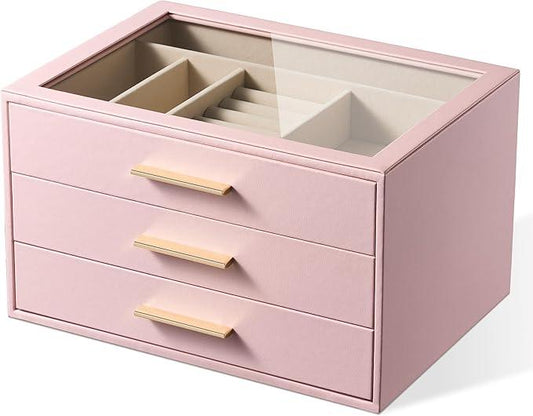 pickpiff Jewelry Box Organizer Case for Women: 3-Layer Jewelry Storage Case with Glass Window, Pink Leather with Velvet Holder for Ring Necklace Bracelet Brooch Watch, Great Gift for Her - ModernBath
