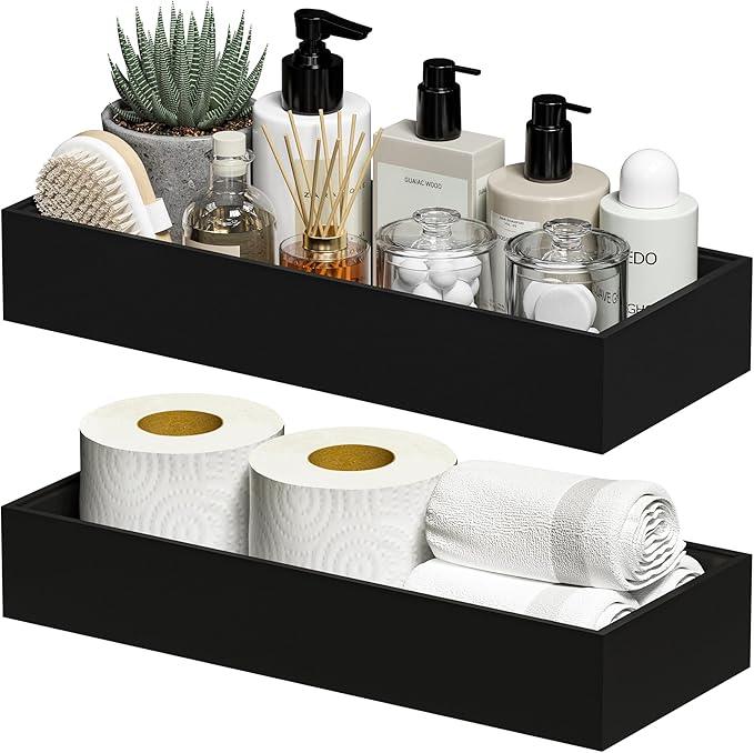 Kitchen Drawer Organizer Bins, Stackable Bamboo Drawer Organizer for Silverware, 2 Pcs Toilet Paper Basket Holder, Wood Bathroom Tray Countertop, Toilet Tank Tray Black 15" x 6" x 2.5" - ModernBath