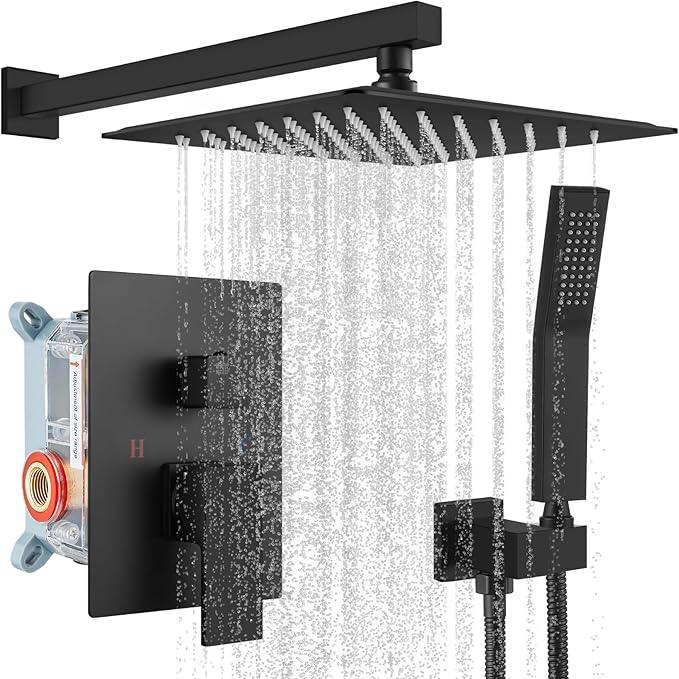 gotonovo Rainfall Bathroom Shower System Rain Shower Head and Handle Set Wall Mounted Shower Complete Combo Solid Brass Pressure Balancing Shower Mixer Valve 10 Inch Matte Black - ModernBath