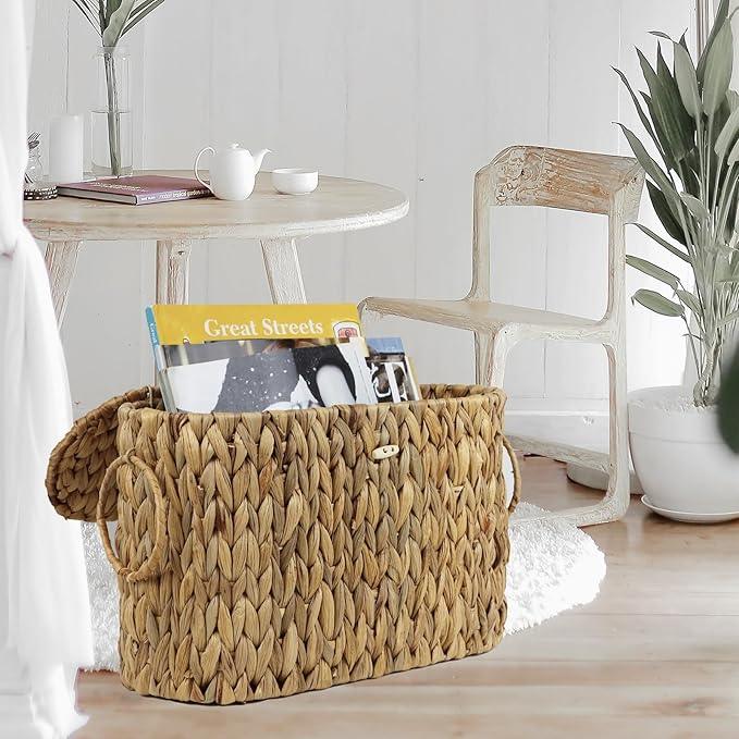 Toilet Paper Storage Basket with Lid, Water Hyacinth Slim Toilet Paper Holder - Holds Up to 6 Mega Rolls, Wicker Basket for Bathroom Accessories Decor Organizer - ModernBath