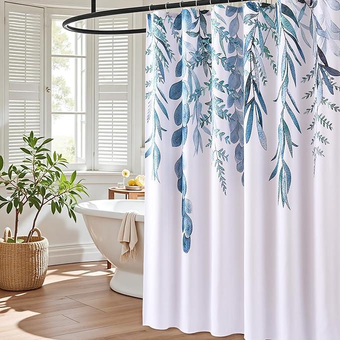BOODII Blue Plant Watercolor Shower Curtains 72 inches Long Floral Leaf Shower Curtain for Bathroom Botanical Leaves Hunter Blue Eucalyptus Curtain Jungle Bathroom Decor 72x72 - ModernBath