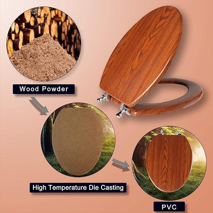 Elongated Toilet Seat Molded Wood Toilet Seat with Zinc Alloy Hinges, Easy to Install also Easy to Clean, Anti-pinch Wooden Toilet Seat by Angol Shiold (Elongated, Brownish Yellow) - ModernBath
