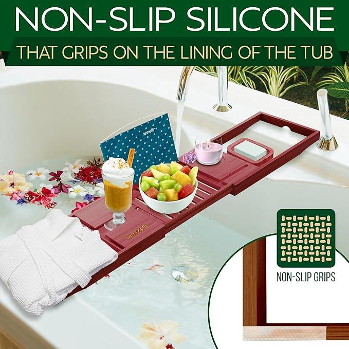 SereneLife Premium Bathtub Tray Caddy with Gift Box and Bow Set, Expandable Bath Tray, Unique House Warming Gifts for Mom, Women, Wedding, Anniversary, Bridal Shower, Fit for All Tub - Stain Brown - ModernBath