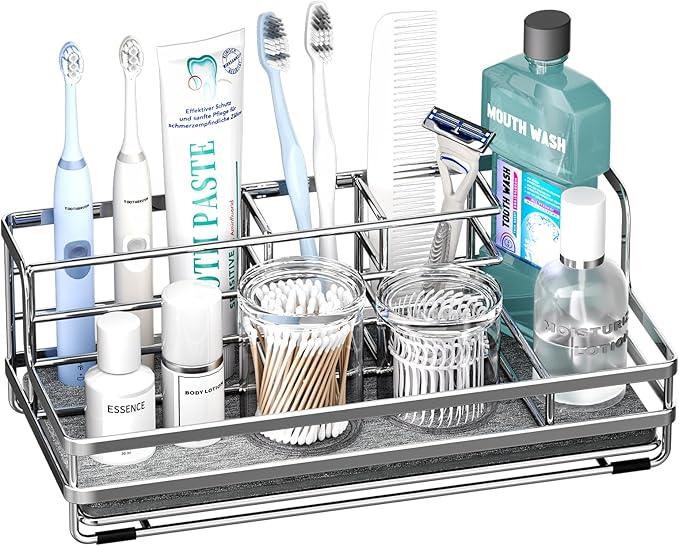 HapiRm Toothbrush Holders for Bathroom - 5 Partitions Bathroom Counter Organizer with Instant Drying Stone, Stainless Steel Countertop Storage Electric Toothbrush Toothpaste Holder - Silver - ModernBath