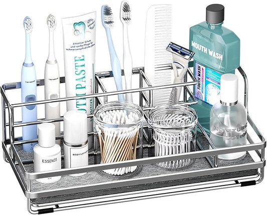 HapiRm Toothbrush Holders for Bathroom - 5 Partitions Bathroom Counter Organizer with Instant Drying Stone, Stainless Steel Countertop Storage Electric Toothbrush Toothpaste Holder - Silver - ModernBath