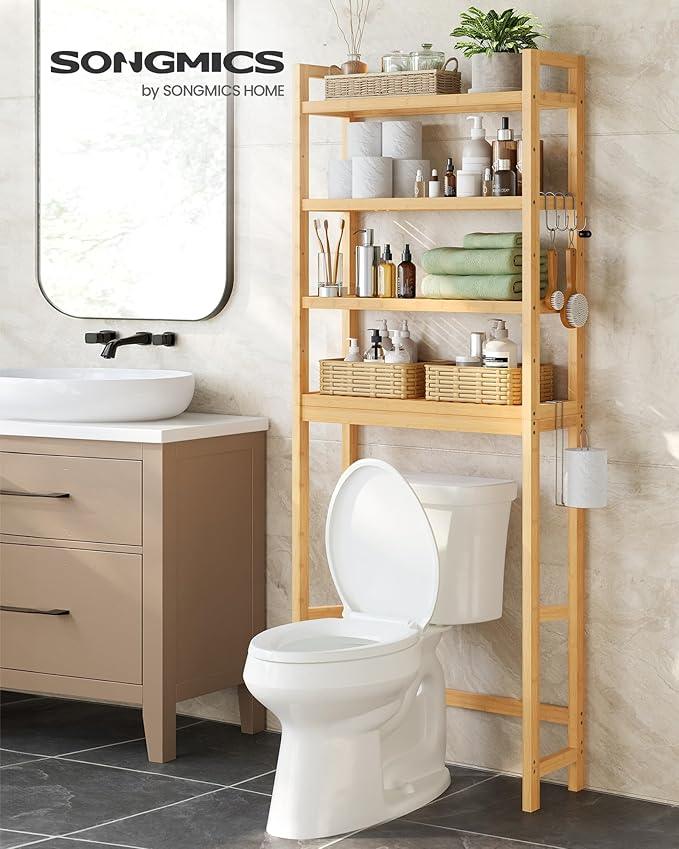 SONGMICS Over The Toilet Storage, 4-Tier Over Toilet Bathroom Organizer with Adjustable Shelves, 10.2 x 24.8 x 72.8 Inches, Space-Saving, Natural Beige UBTS041N01 - ModernBath