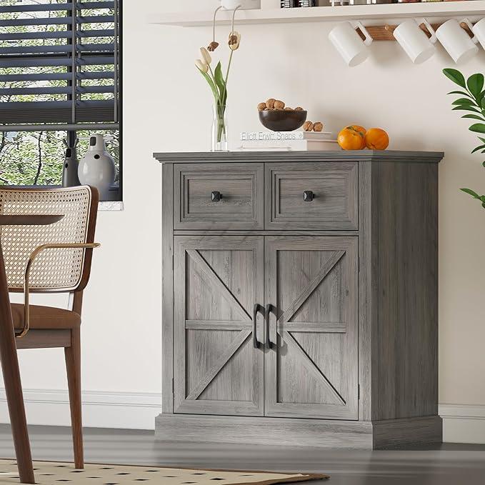 Vabches Farmhouse Buffet Sideboard with Drawers, Wood Pantry Cabinet with Storage, Rustic Storage Cabinet with Adjutable Shelf and Barn Door for Kitchen, Dining Room, Living Room, Black - ModernBath