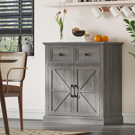 Vabches Farmhouse Buffet Sideboard with Drawers, Wood Pantry Cabinet with Storage, Rustic Storage Cabinet with Adjutable Shelf and Barn Door for Kitchen, Dining Room, Living Room, Black - ModernBath