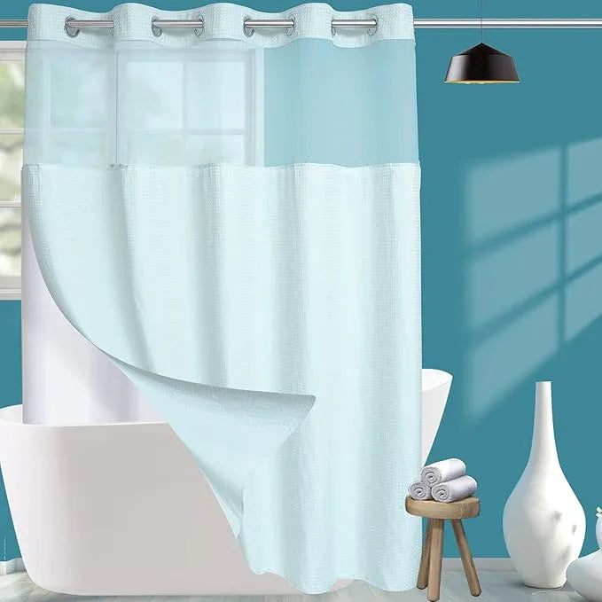 Conbo Mio No Hook Waffle Weave Shower Curtain with Snap in Liner Set, Hotel Luxury Blue Shower Curtains for Bathroom with See Through Top Window, Waterproof, Washable 71W x 74H - ModernBath
