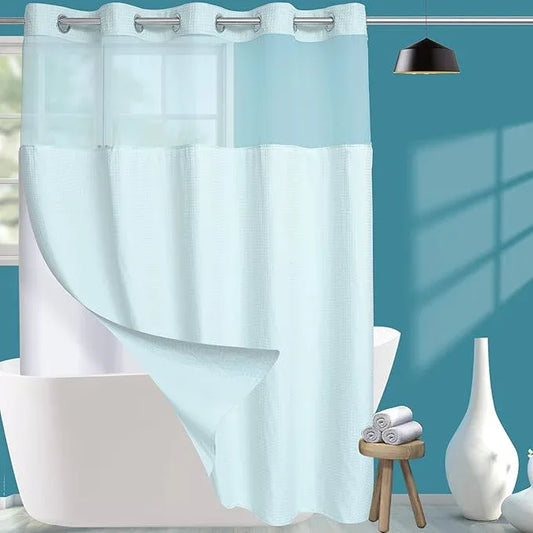 Extra Long No Hook Waffle Weave Shower Curtain with Snap in Liner Set, Hotel Luxury Blue Shower Curtains for Bathroom with See Through Top Window, Waterproof, Washable 71W x 84H - ModernBath