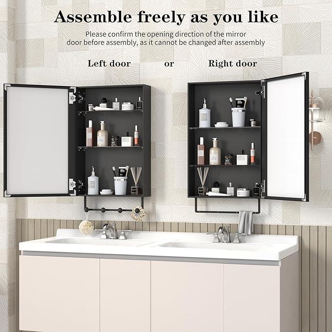 ANYHI 24"x16" Black Bathroom Cabinet with Mirror, Single Door Bathroom Wall Mirror Cabinet, 2 Adjustable Storage Organizer Shelves, 5 Removable Hooks - ModernBath
