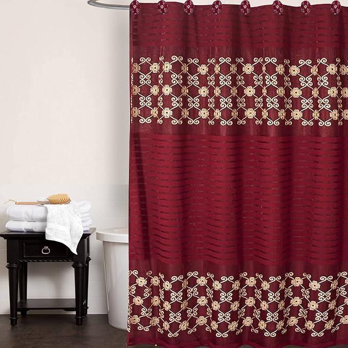 Zahari Home 13pc Elegant Rose Bathroom Shower Curtain Sets Elegant Shower Curtain & 12 Shower Curtain Rings Contemporary Decor Burgundy Shower Curtain Unique Design Stylish Shower Accessories - ModernBath