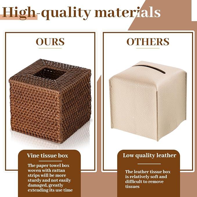 Kigley 2 Pcs Square Rattan Tissue Box Cover Boho Wicker Tissue Cube Box Cover 5.5'' x 5.5'' x 5.5'' Decorative Natural Wicker Hand Woven Napkin Box Holder Bathroom Office Car Accessories (Brown) - ModernBath