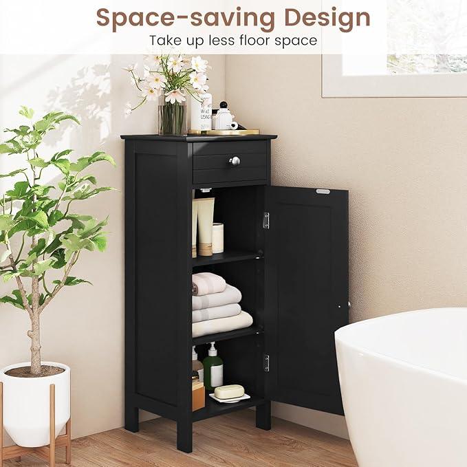 GLACER Floor Storage Cabinet, Multifunctional Bathroom Storage Cabinet with 2 Adjustable Shelves, Ideal for Bathroom, Living Room, 14 x 12 x 34.5 inches (Black) - ModernBath