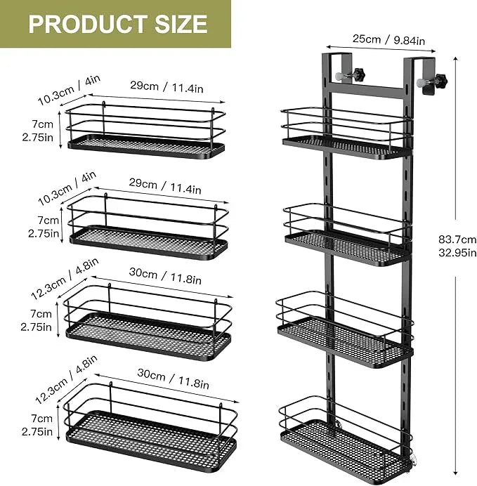 Orimade Adjustable Hanging Over the Shower Door Caddy,Bathroom Organizer Shelf Storage with 4 Hooks for Razor,No Drilling Rustproof Shower Rack Basket, 4 Tier, Matt Black - ModernBath