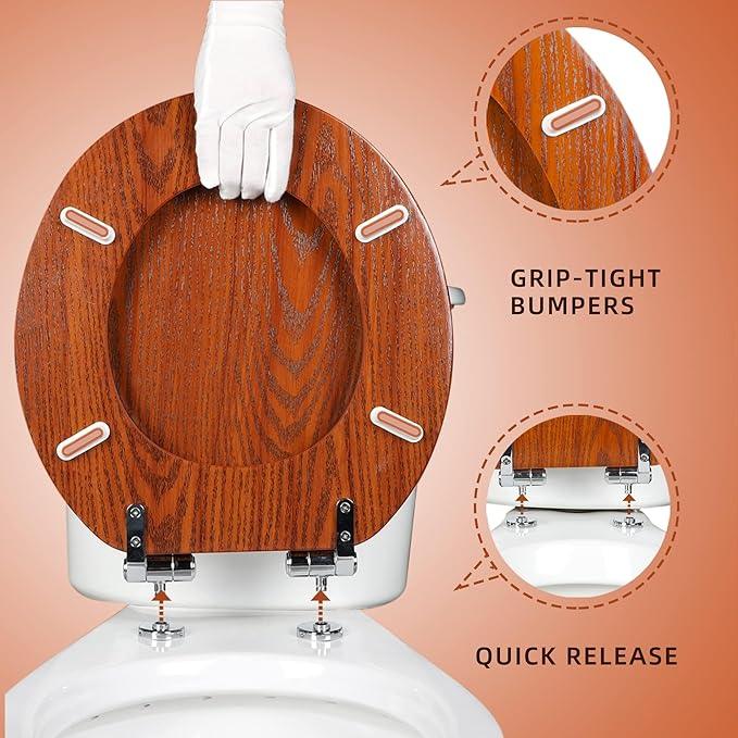 Round Toilet Seat Molded Wood Toilet Seat with Quietly Close and Quick Release Hinges, Easy to Install also Easy to Clean by Angol Shiold (Round, Brownish Red) - ModernBath