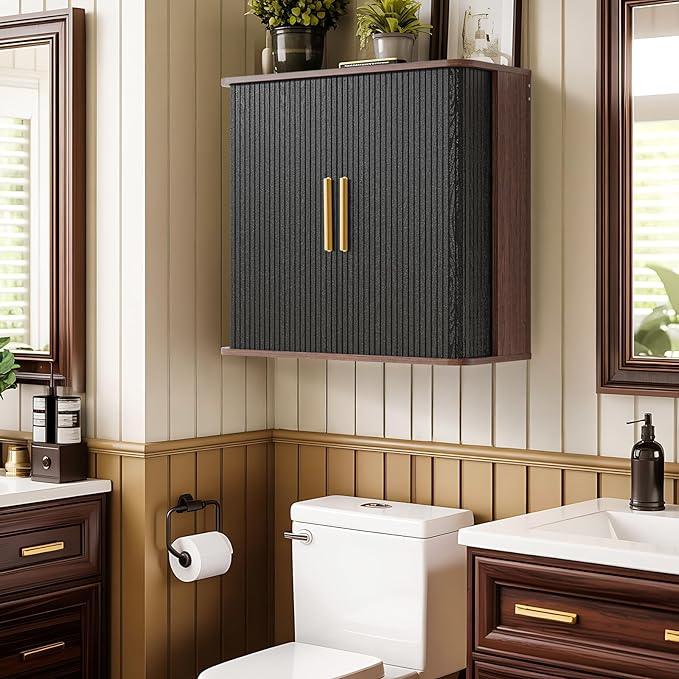 Laundry Room Wall Cabinet with Fluted Sliding Door, 29.5" W Bathroom Medicine Cabinet with Adjustable Shelf, Wall Mounted Storage Cabinet for Living Room Kitchen, 11.7" D x 29.5" W x 27.68" H - ModernBath