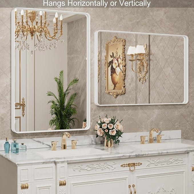 LOAAO 28x36 Inch White Metal Framed Bathroom Mirror for Wall, White Bathroom Vanity Mirror Farmhouse, Large Rounded Rectangle Mirror, Anti-Rust, Hangs Horizontally or Vertically - ModernBath