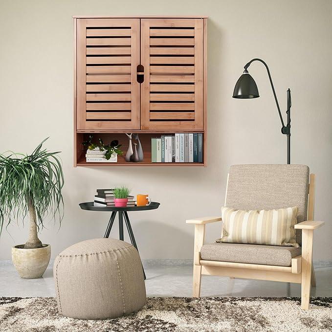 HYNAWIN Bamboo Wall Cabinet, Over Toilet Bathroom Furniture, Wall Mounted Storage Medicine Cabinet with Two Doors & Adjustable Shelves, for Bathroom, Kitchen, Living Room, Walnut, Dark Brown - ModernBath