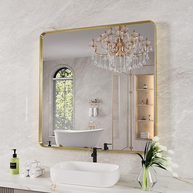 JISOSO Gold Bathroom Mirror, 36x36 Inch Brushed Gold Metal Frame Mirror for Wall, Rounded Rectangle Bathroom Vanity Mirror, Tempered Glass, Anti-Rust, Horizontal/Vertical - ModernBath
