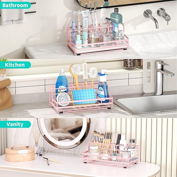 HapiRm Toothbrush Holders for Bathroom - 5 Partitions Bathroom Counter Organizer with Instant Drying Stone, Stainless Steel Countertop Storage Electric Toothbrush Toothpaste Holder - Pink - ModernBath